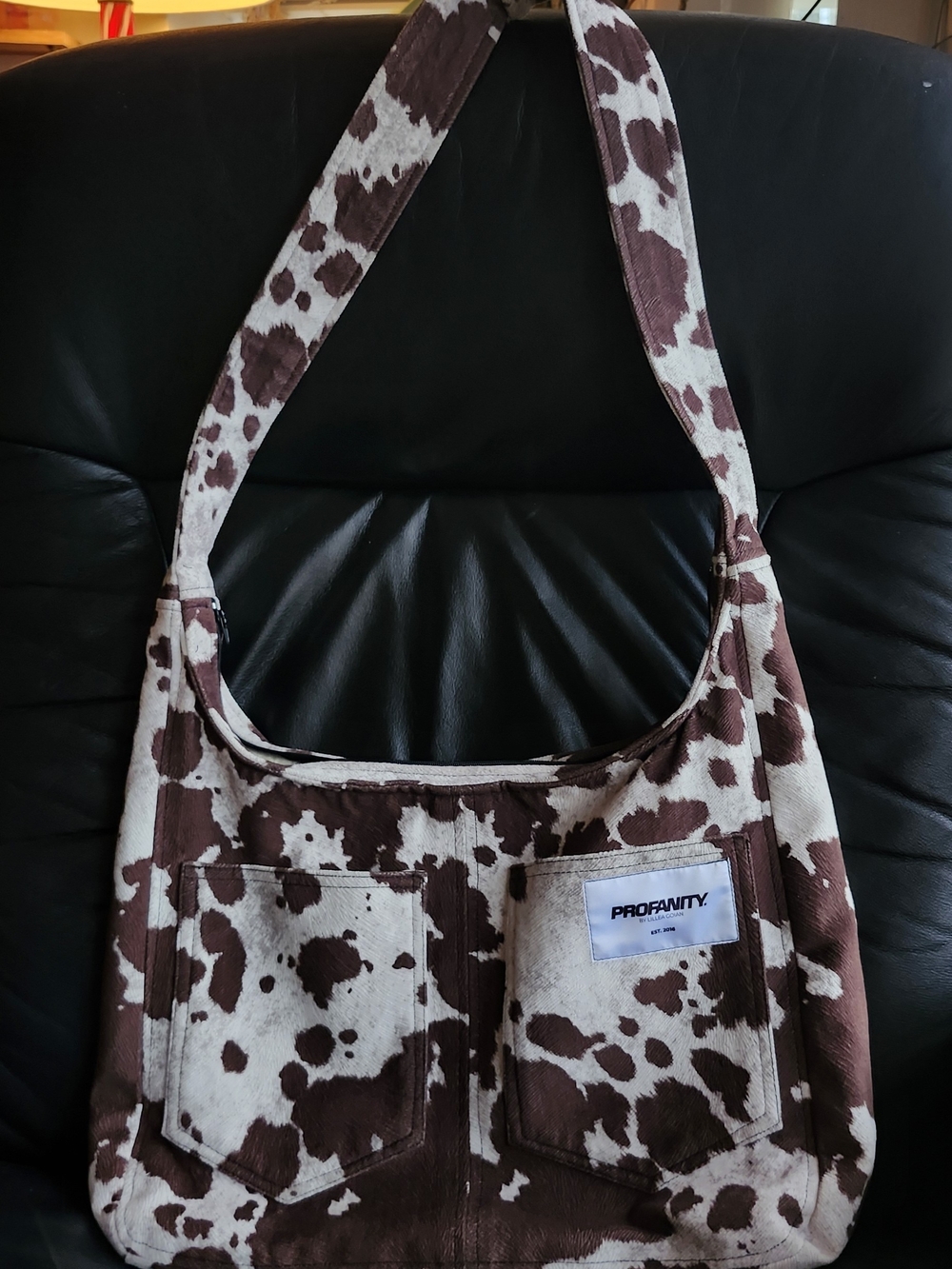 Custom Cow Print Canvas Shoulder Bag in Brown and White